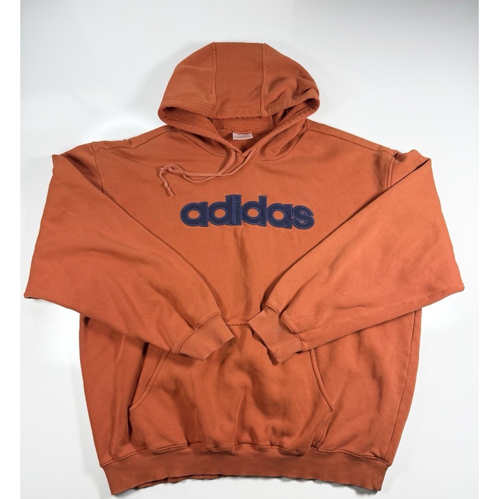 Adidas‎ Hoodie XL Orange Big Logo Spellout Pullover Distressed Stains Holes